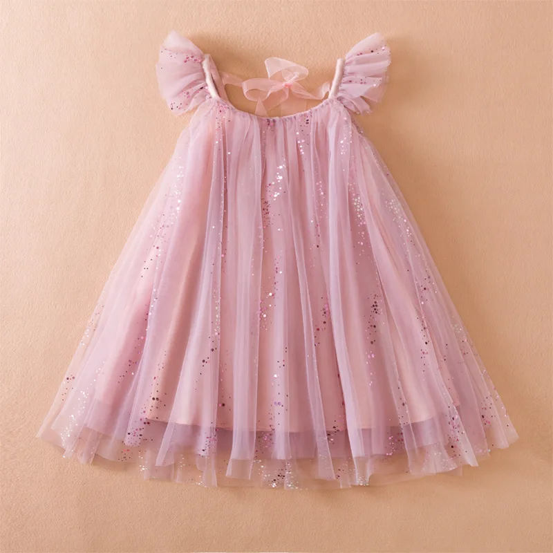 Flare sleeve glitter solid color cotton lining tulle kids girl summer dress