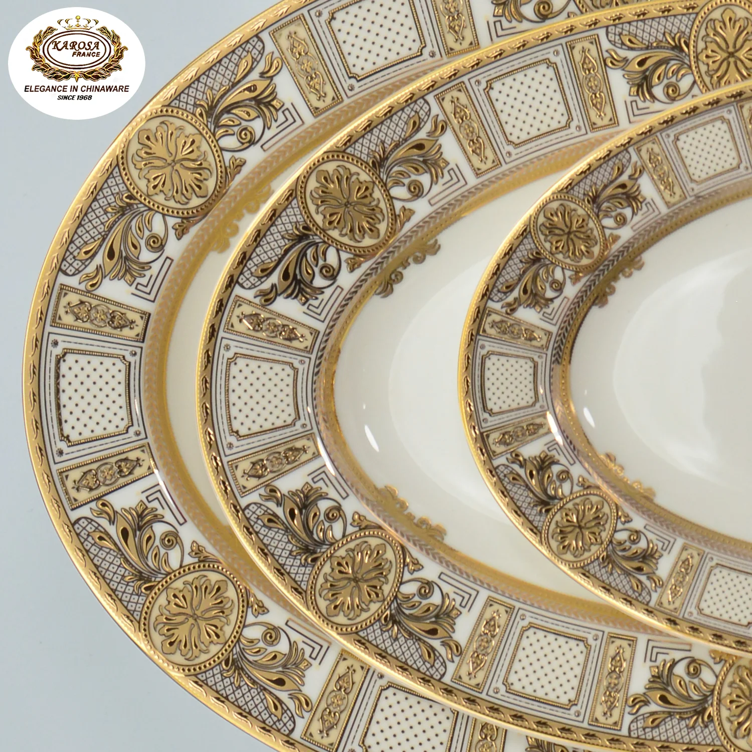 3PCS Royal luxury 24K embossed gold rim classic plate oval platter dish set