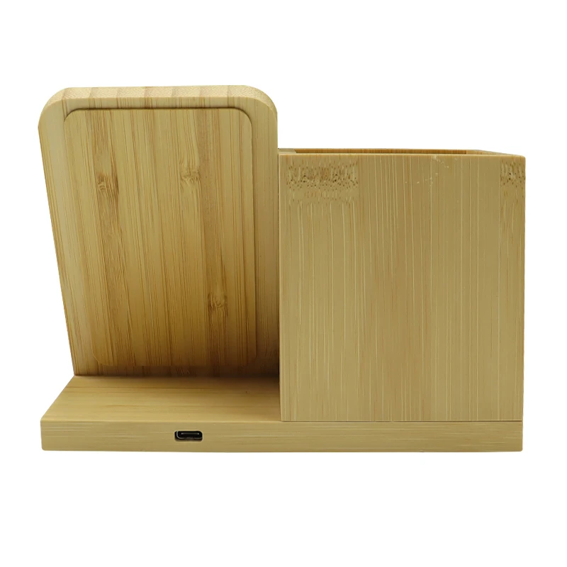 15W Wireless Charger Penholder Tunnel Custom LOGO Office Desktop Bamboo Pen Holder With Wireless Charger Pen Container Pen Case