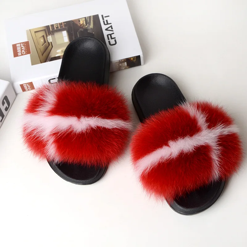Manufacturer Fur Slides Embossed Custom logo Slippers Women Real Fluffy Fur Slippers