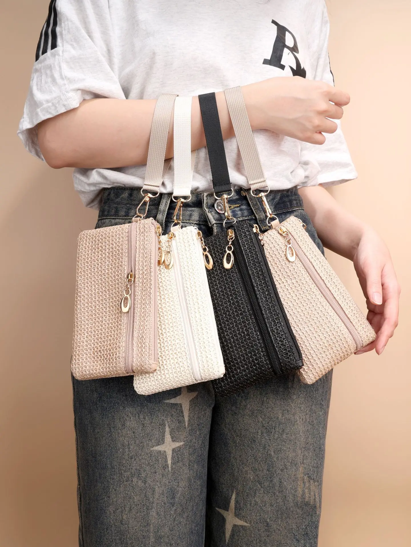 Hot Sale Coin Purse Straw Woven Long Wallet Mini Wristlet Double Zipper Phone Bag Purse For Women