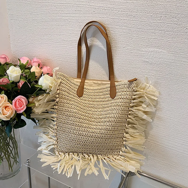 fashion new french womens summer beach handmade travel straw raffia tassel tote bag pouch bag with straw
