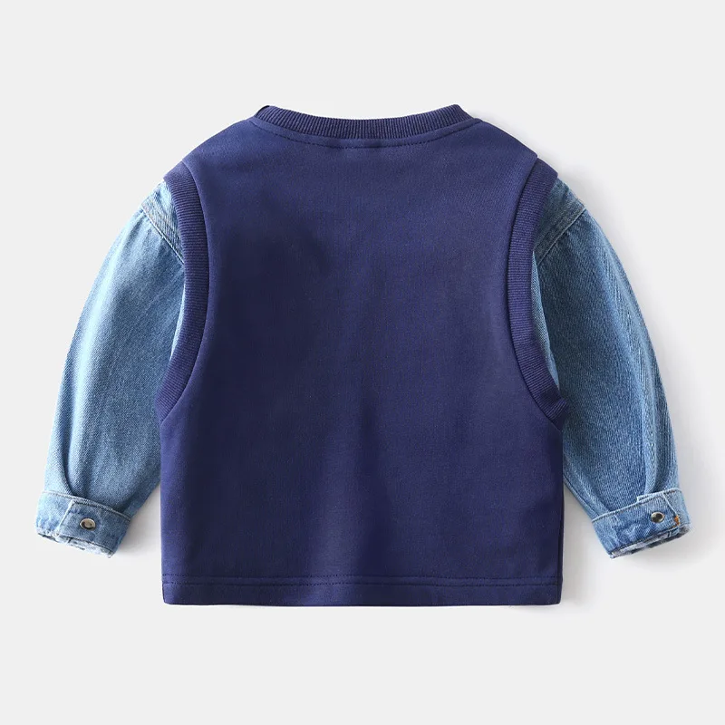 
Popular Denim Sleeve Stitching Letter Logo Wholesale Kids Crew Neck Sweatshirt 