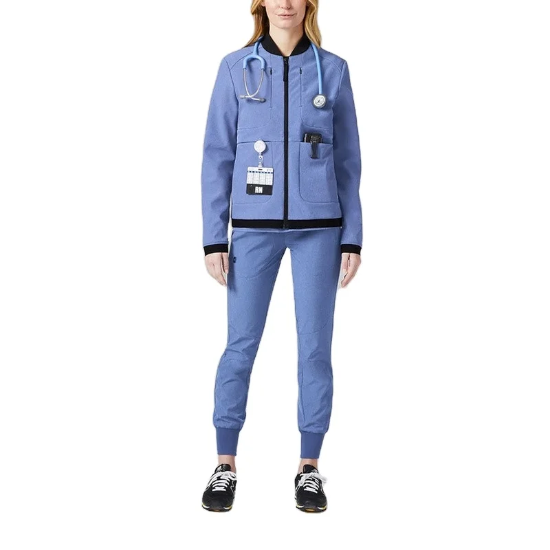 Ribbed Collar Zipper Closure Hospital Uniform Medical Scrubs Bomber Nurse Jacket Women Soft Fleece Outwear Coat