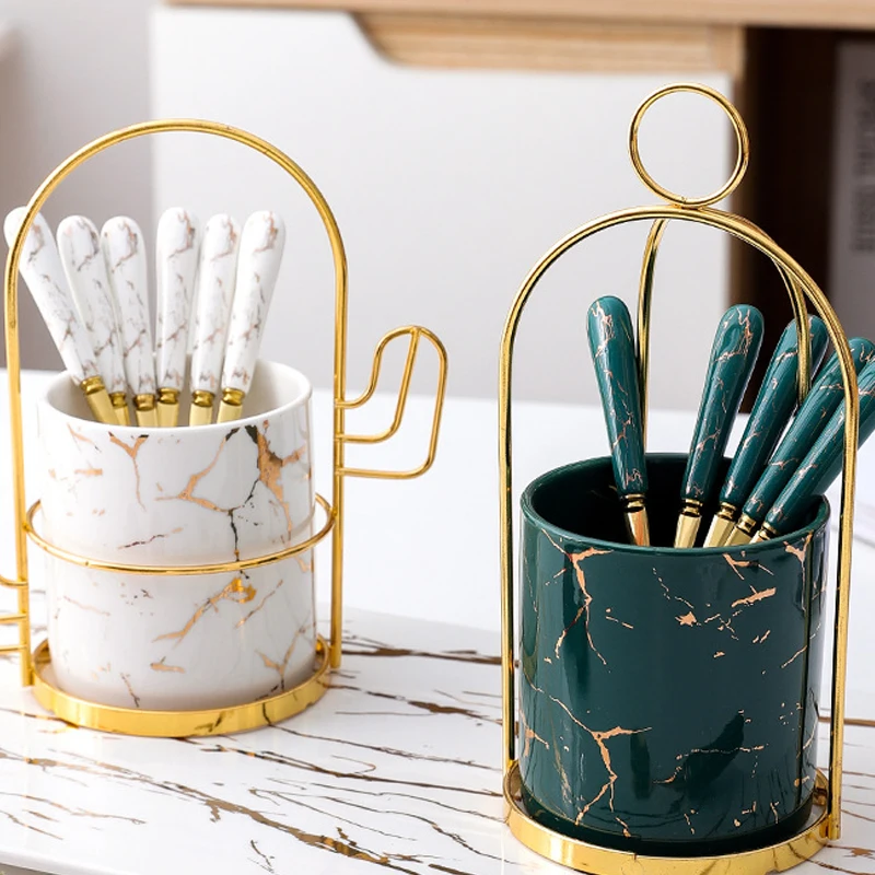 Unique Design Stainless Steel Cutlery Tea Spoon Set Marble Ceramic Handle Golden Dessert with Holder