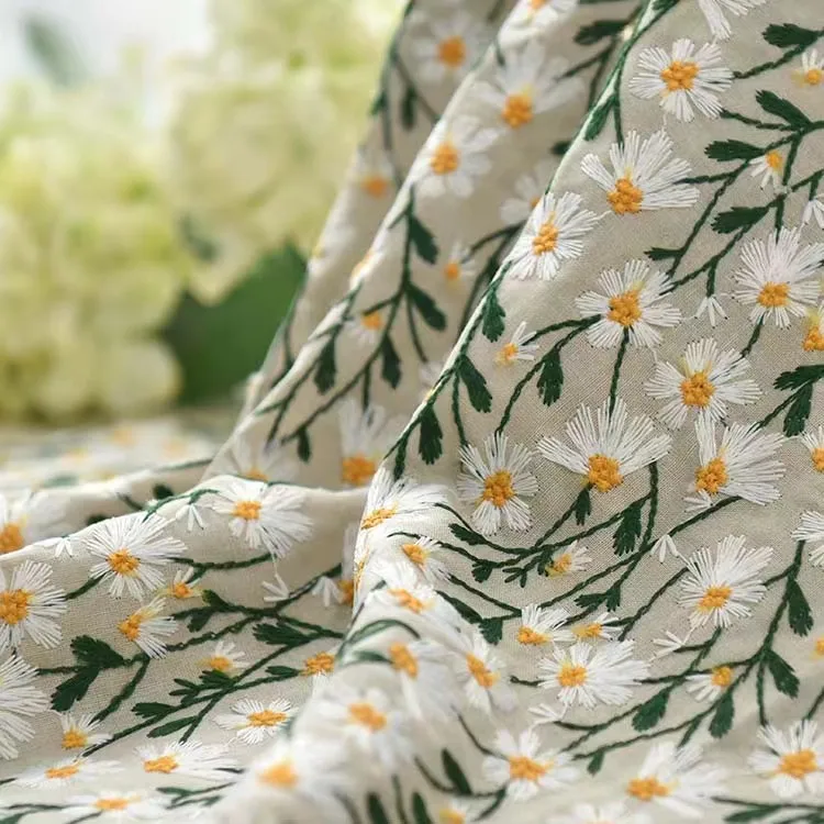 OEM Custom Design Colorful Floral Daisy Ramie Linen Cotton Woven Embroidery Fabrics for Clothing