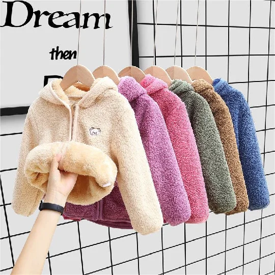 Fleece Fur Jacket Kid Hooded with ear Sherpa Kids Teddy Coat Cute Animal Hat Kids Clothing Baby Winter