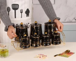 high end ceramic gold rim canister for tea coffee sugar, food storage ceramic jars