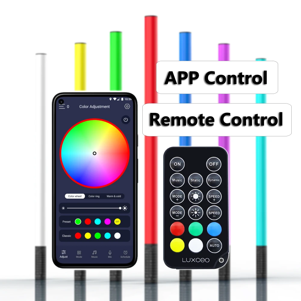 LUXCEO Mood1S Wholesale 120cm APP Wireless Remote Control Battery Powered 4ft LED RGB Tube Light with Music Modes