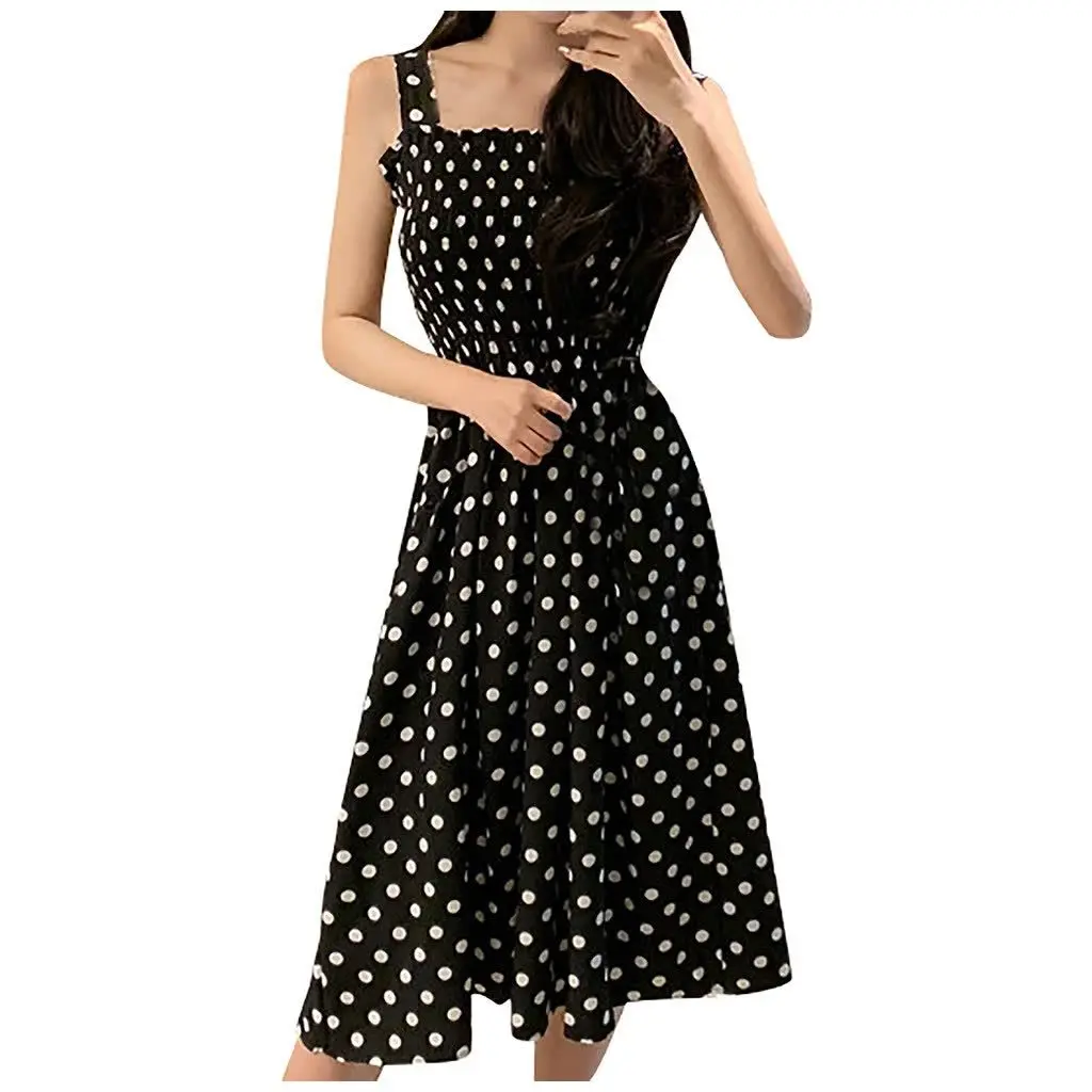 Summer Polka Dot Camisole Dress Fashionable A-Line Midaxi Dress with Sustainable Breathable Crocheted Weaving