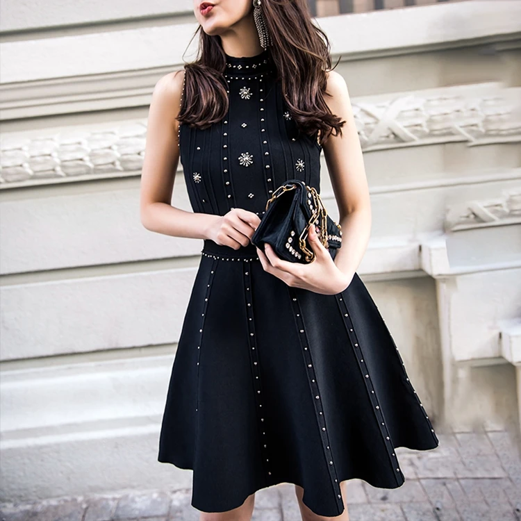 Custom Elegant Lady Sleeveless Beading Bandage O-neck Solid Color Sexy Club Mini Black Dress Women Evening Party Dress