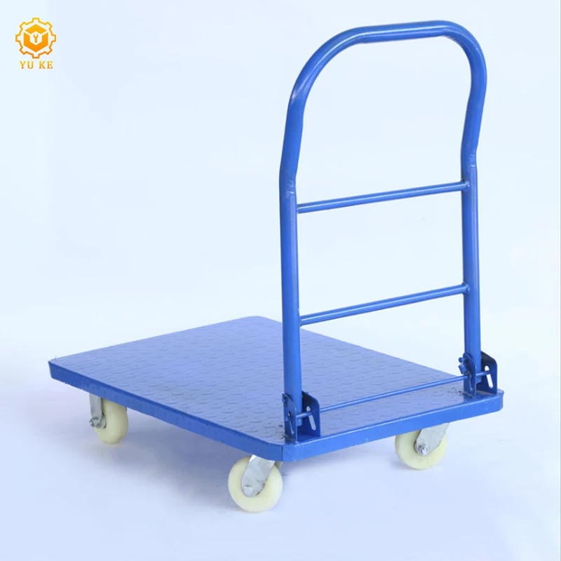 Supermarket store unloading four wheels metal flat cart trolley for drinks