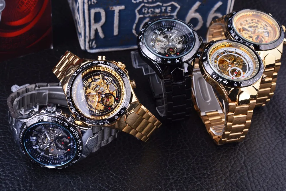 Winner Classic Golden Movement Steel Mens Skeleton Man Wrist Watch Mechanical Top Brand Luxury Fashion Man Automatic Watches
