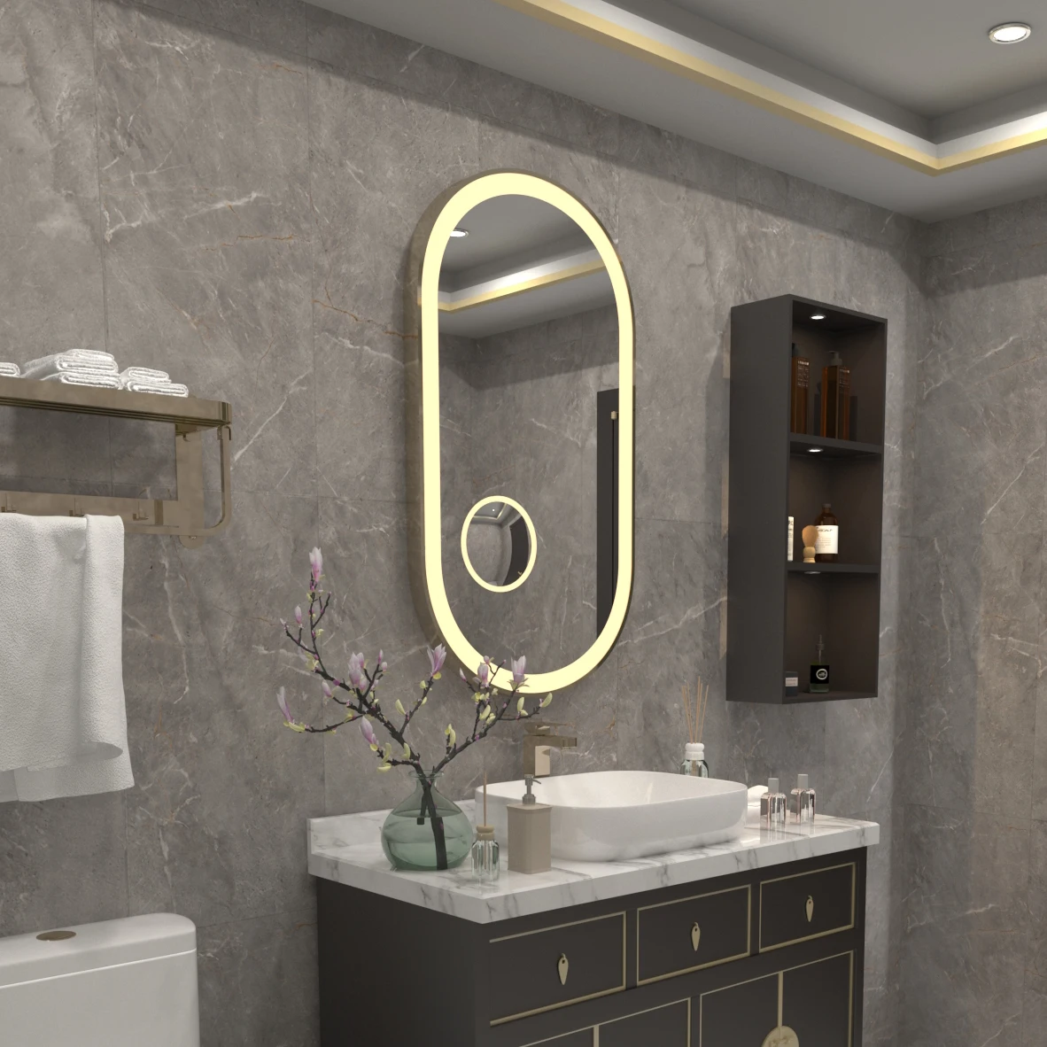 Factory wholesale hospitality Decorative bathroom shower Wall Mount touch sensor dimmer CCT 3 lights led oval mirror