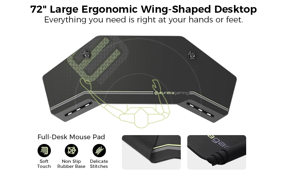 Led Lights Wing-Shaped Studio Desk W Keyboard Tray Monitor Stand Dual Headphone Hanger Cup Holder Gaming Desk