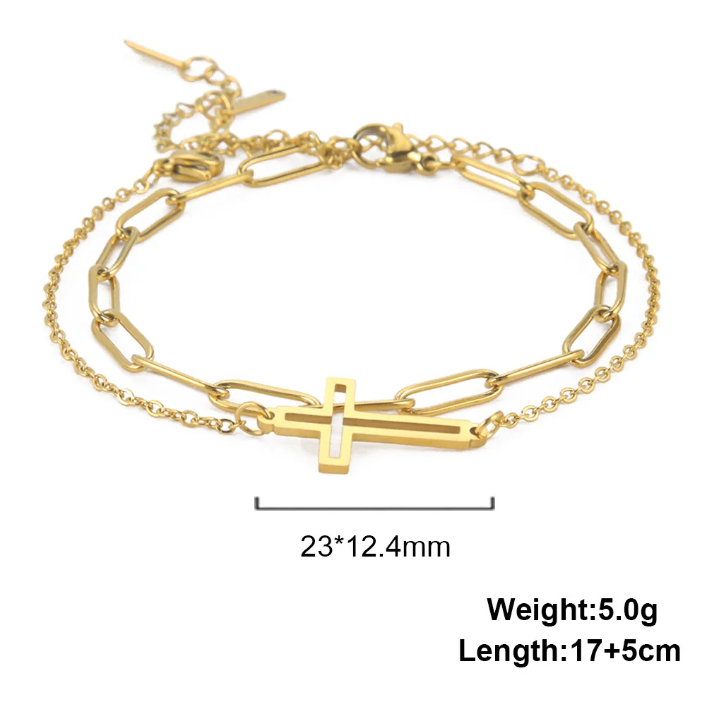2pcs Double Layer Hollow Cross Hand Bracelet Stainless Steel Gold Color Supernatural Charm Bracelet Women Jewelry