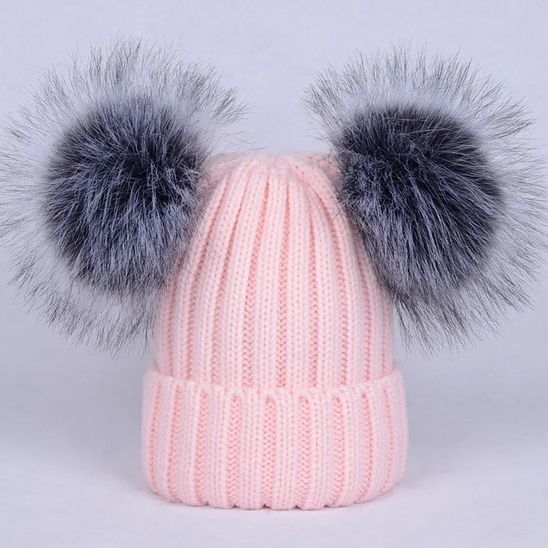 2024 New arrival ebay hot sale faux silver fox knitted hat with double fur pom poms  for children adult