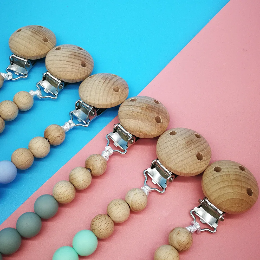 fast delivery silicone and wooden beads pacifier clips holder newborn teething soothing  dummy chain