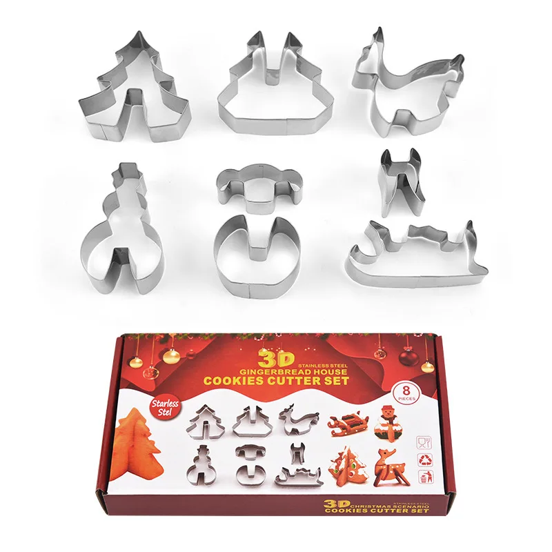 Hot Selling 3D Pastry Biscuit Metal Mold Set Gingerbread House Stainless Steel Christmas Cookie Cutter Sets