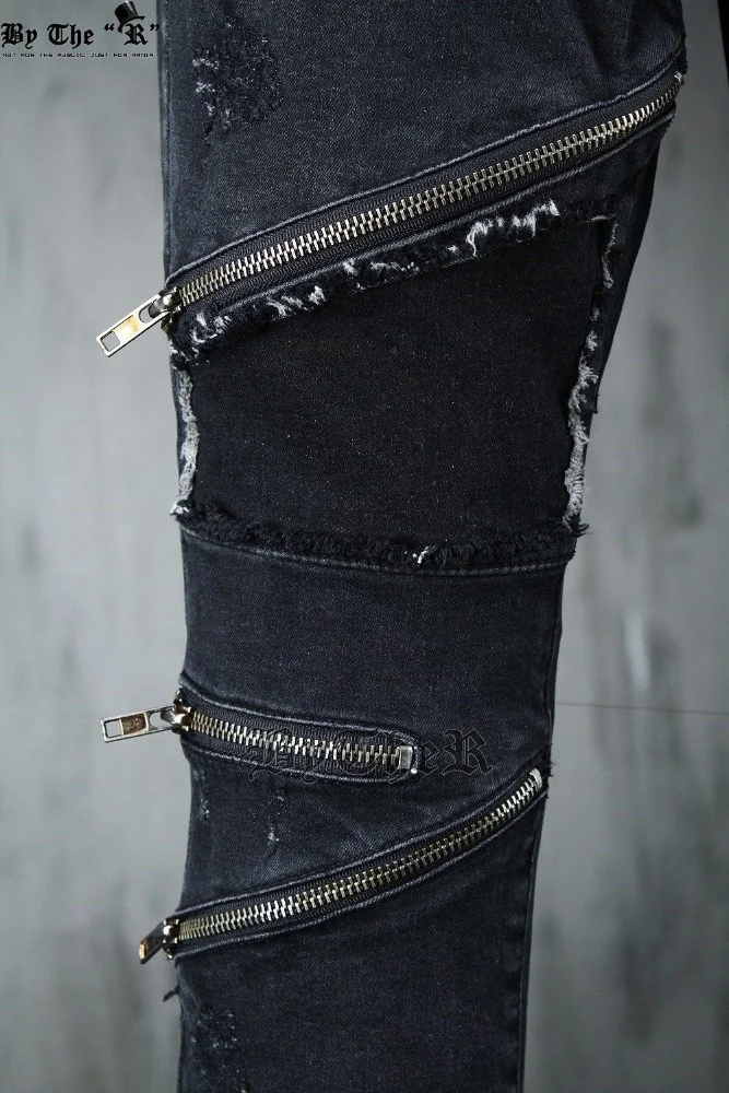 OEM high quality Zipper Vintage Skinny Pants Biker Chic Black moto carbon black jeans 072