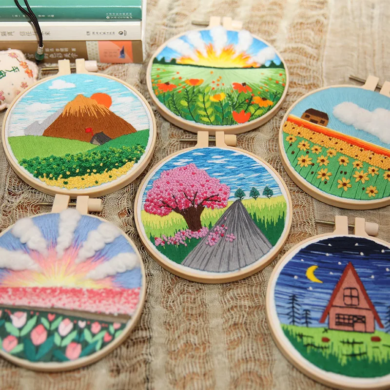 Sunrise Embroidery Kit for Adults with Hoop, Thread, Needles, English Manual, DIY Craft for Beginner