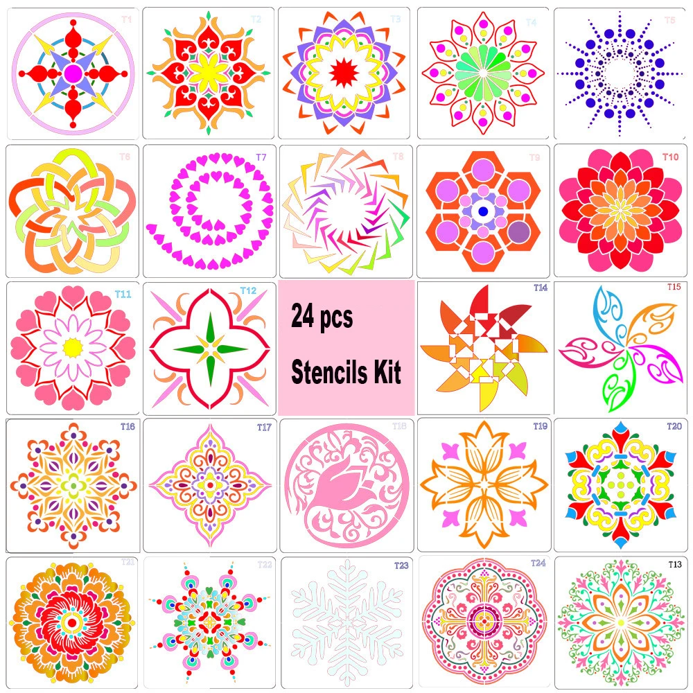 13*13 см набор из 24 штук пластиковые Мандала трафареты Комплект индивидуальные для росписи по дереву DIY Декор шаблон настенной плитки картина