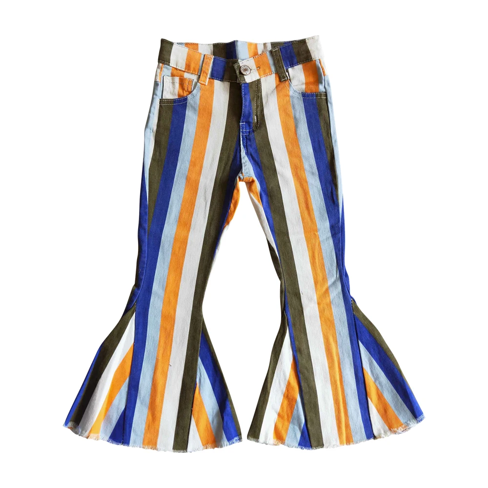 Fashion Colorful Striped Elastic Bell Bottoms Denim Pants Wholesale Children Boutique Trousers Kids Wear Girls Toddlers Jeans