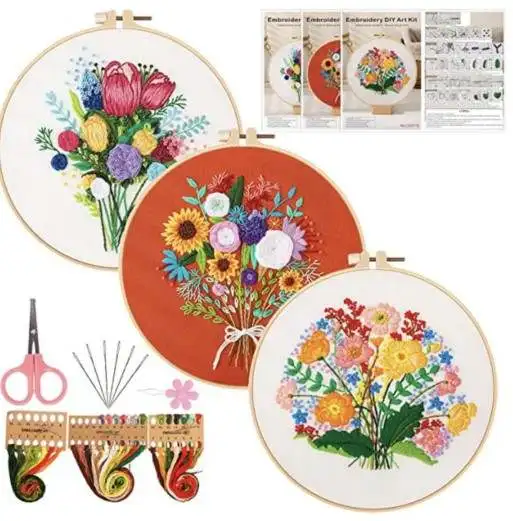 Handmade Flower Embroidery Set Floral Embroidery Kit for Beginners DIY Embroidery Punch Needle Cross Stitch Kits Sewing Starter (1600800455974)