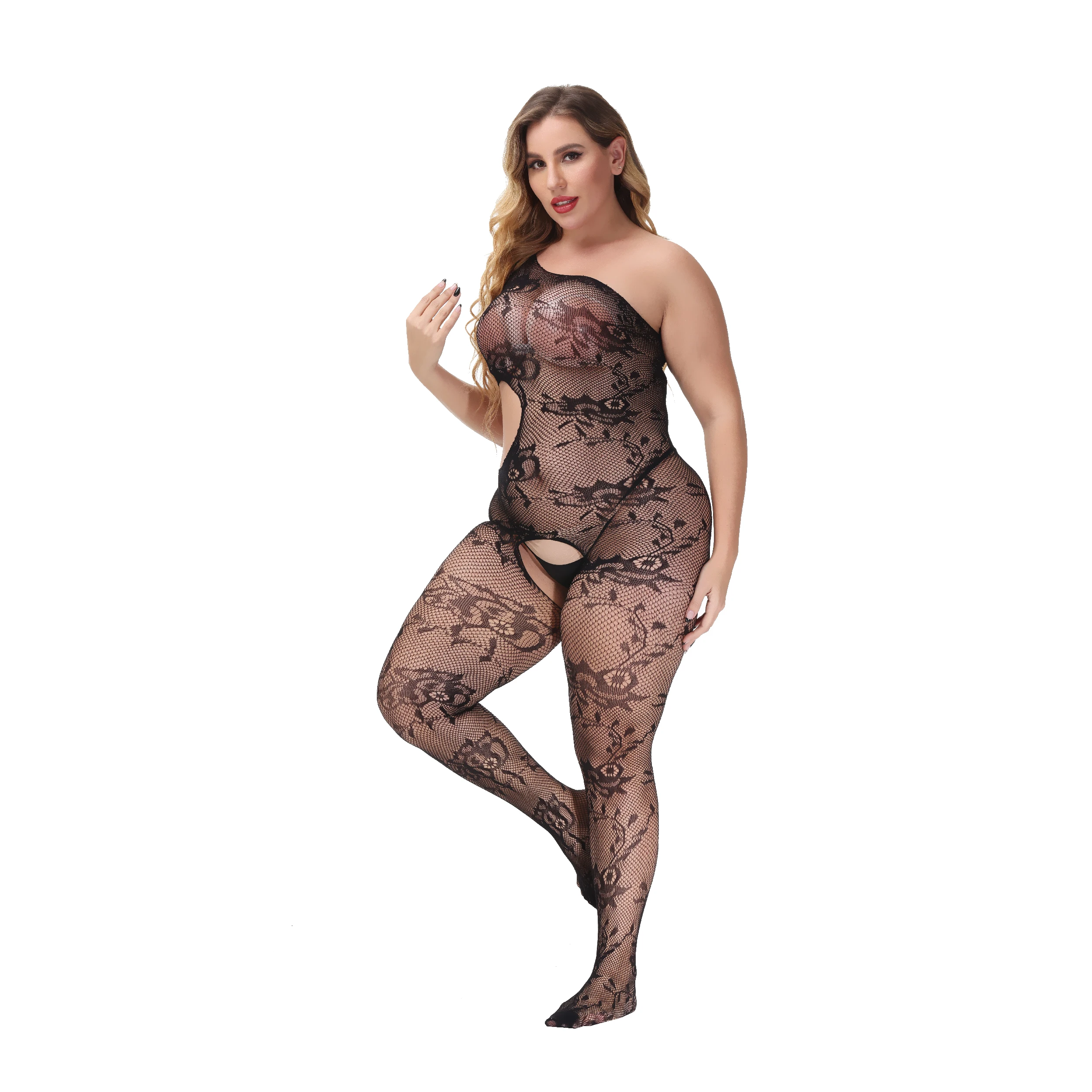 3xl 4xl 5xl plus size sheer nylon flower patterned crotchless fishnet body stocking bodysuit with legging stockings