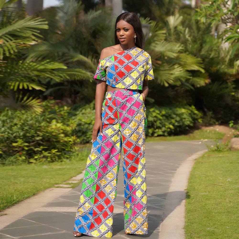 New Arrival African Fabric Wax Printing Sleeved Top Women Loose Pant  Pleated Woman 2 Piece Set