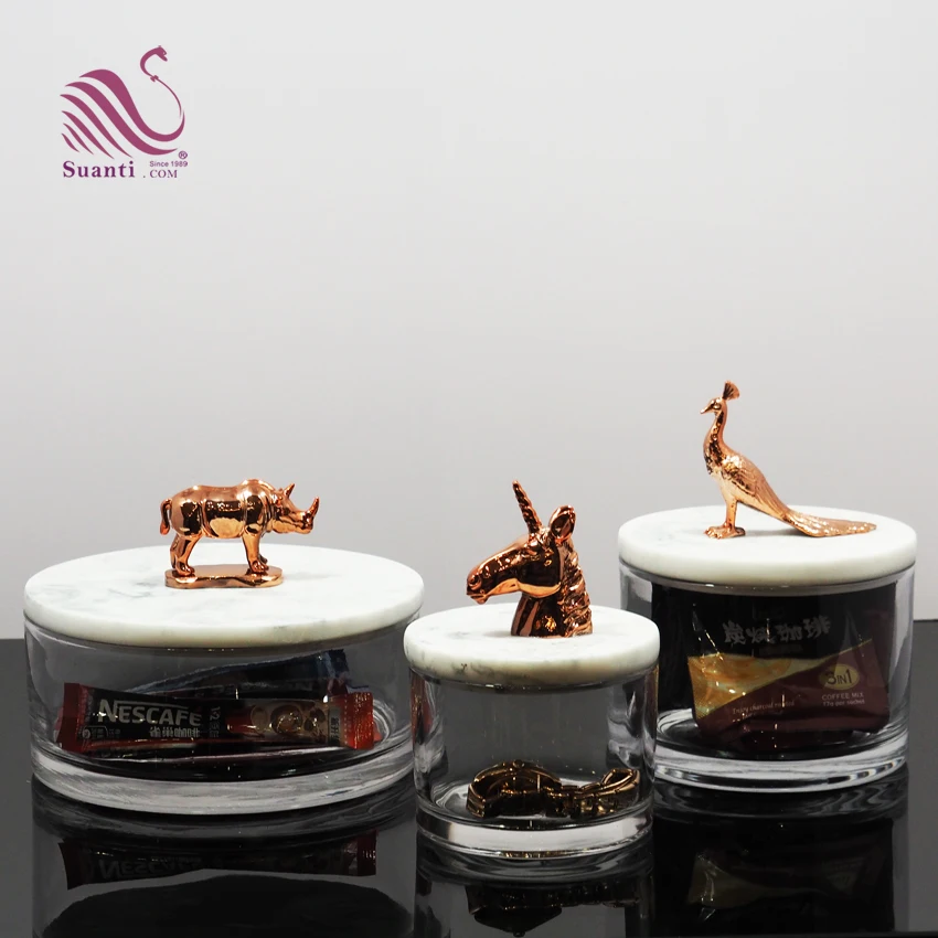 Hotel Home Decor Kitchen Gift Storage Container Glass Jar With Resin Delicate Animal Statue Lid