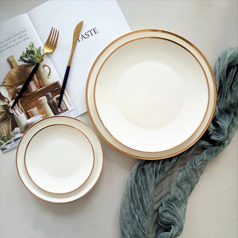 Dinnerware Wholesale Fine China Dinnerware Sets Luxury White Plates With Gold Rim Dishes Plates Ceramic
