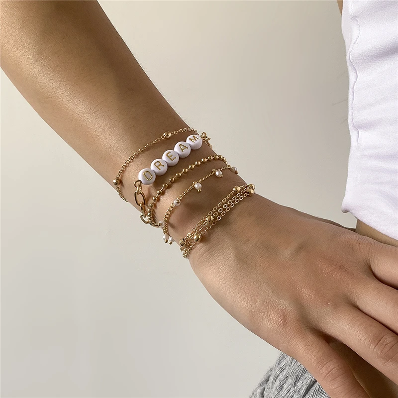  Wholesale Women Multi-layer Gold Plated Link Chain Bracelet Acrylic Letter Beads