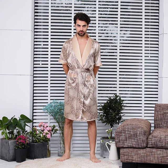 
Two piece silk robe set Luxurious satin nightgown short sleeve pattern design pajamas for men 