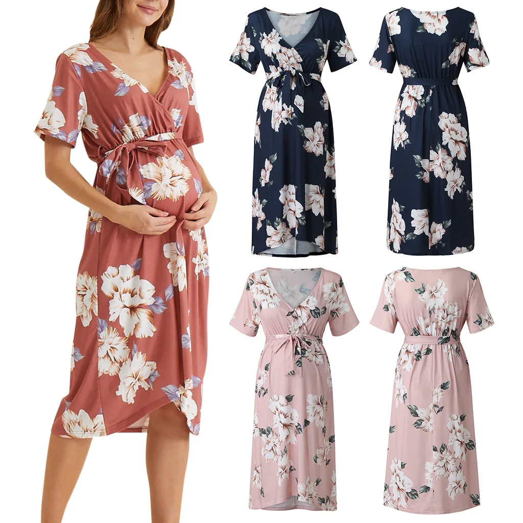 
MR001 Pregnant Women Clothing Short Sleeve Clothes Floral Print Boho Maternity Dress 