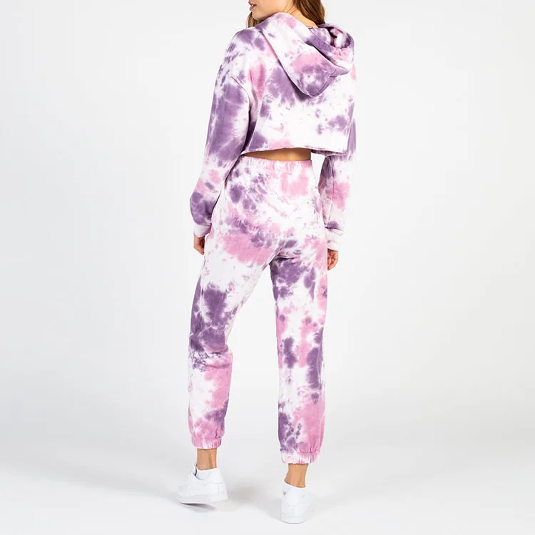 Custom Tie Dye Hip Hop Sports Street Dance Tracksuit Fashion Style Oversized Fit Crop Hoodie Slim Leg Opening Pants Sweatsuit