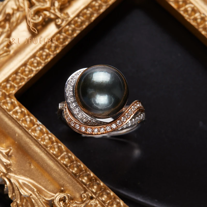Hot selling Luxury design 18K gold nature seawater Tahiti black pearl ring with real diamond woman gift jewelry wedding party
