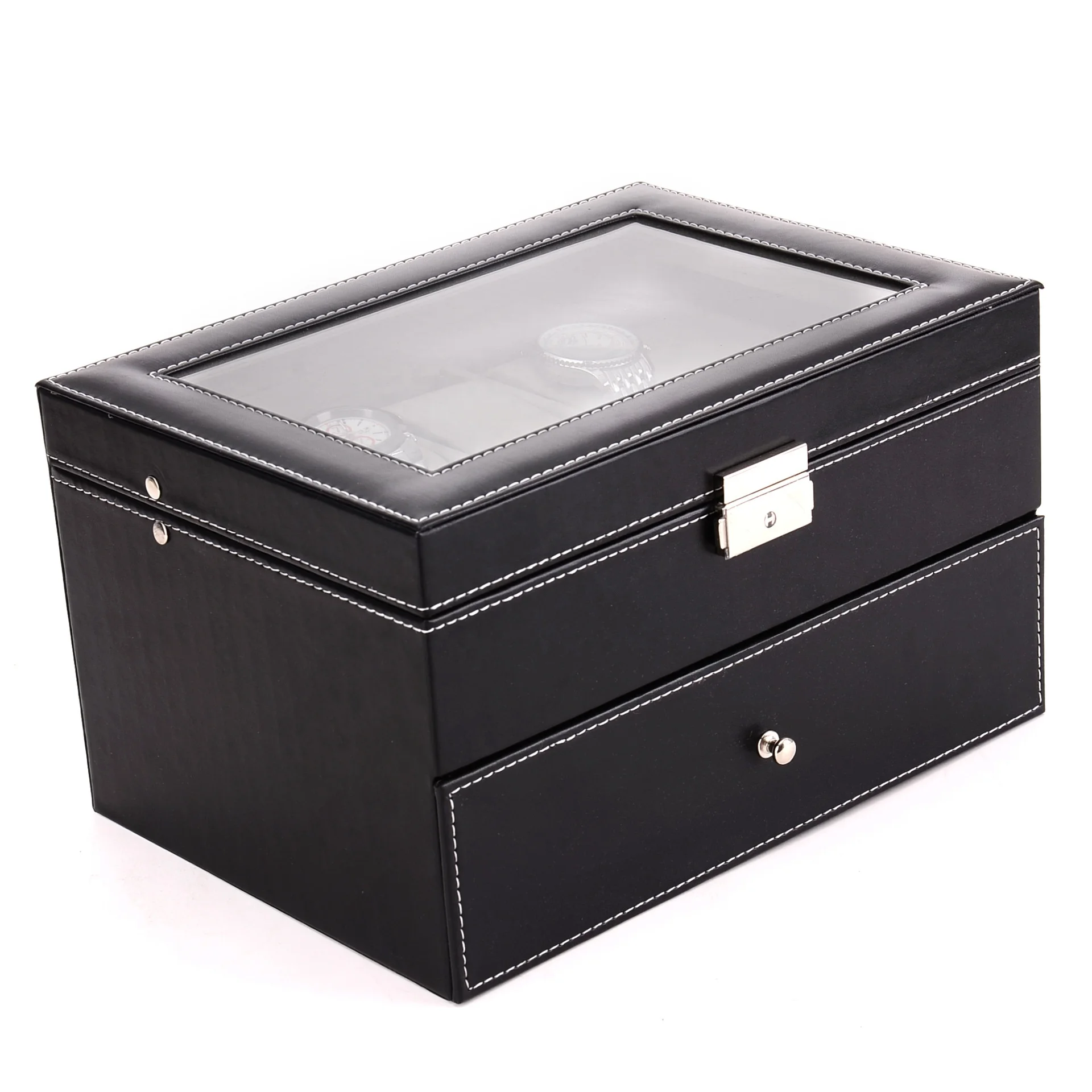 Two Layers Design wrist watch box, Luxury Black watch storage box, luxury watch box leather