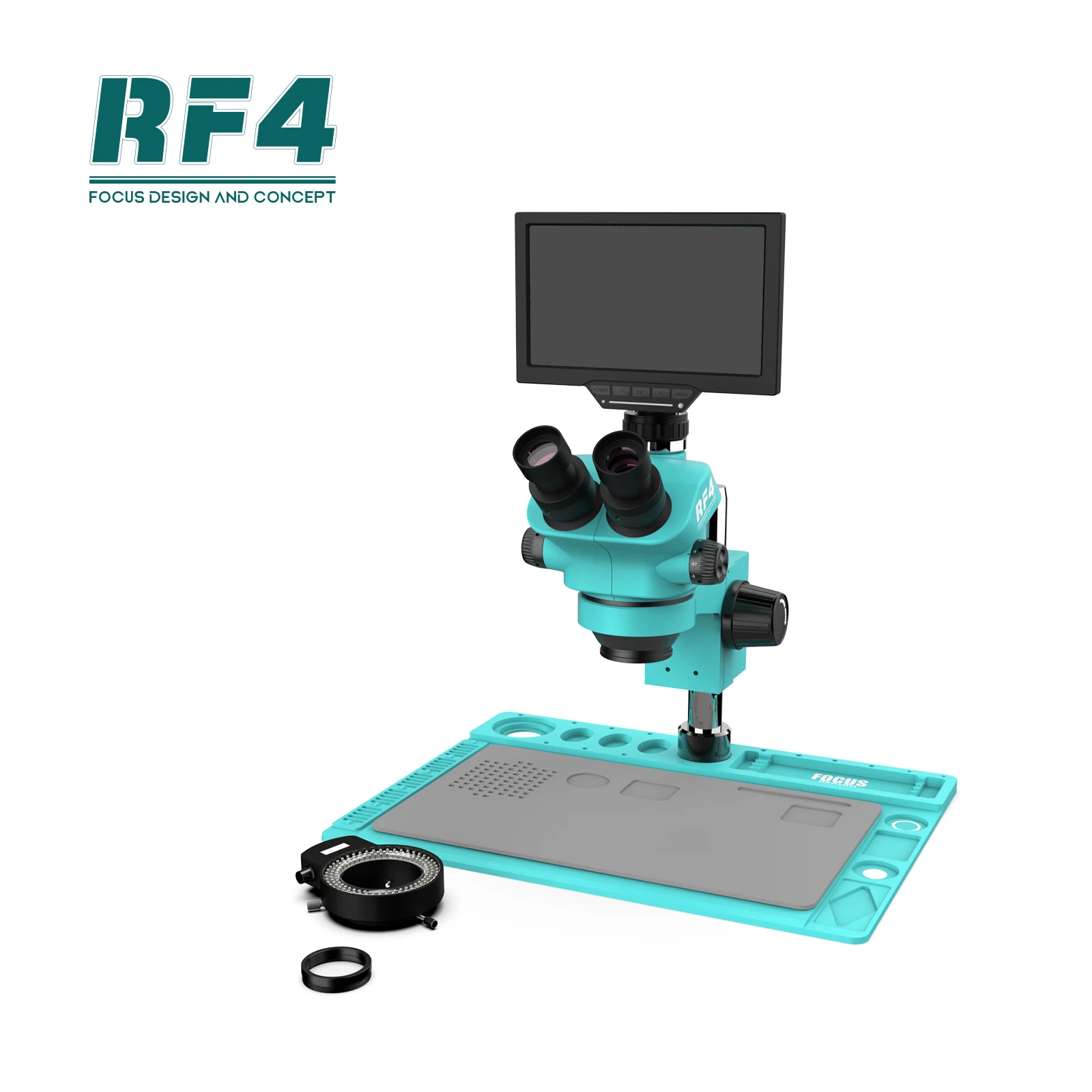 RF4 7-50X optical trinocular stereo microscope with camera monitor 10-INCH big base RF7050TVD2-YS010W