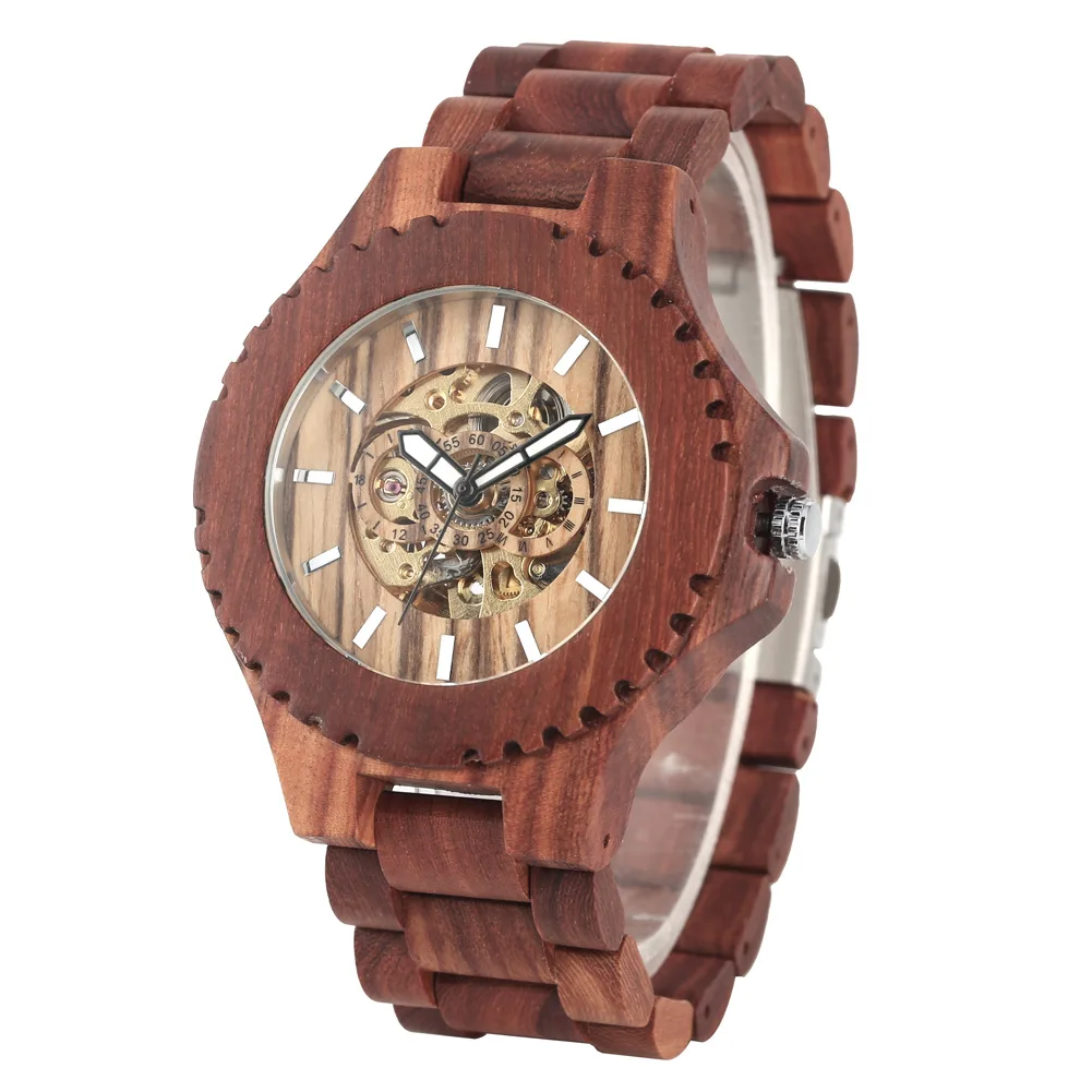 All wood automatic hollowed out mechanical watch for men red sandalwood leisure wooden watches