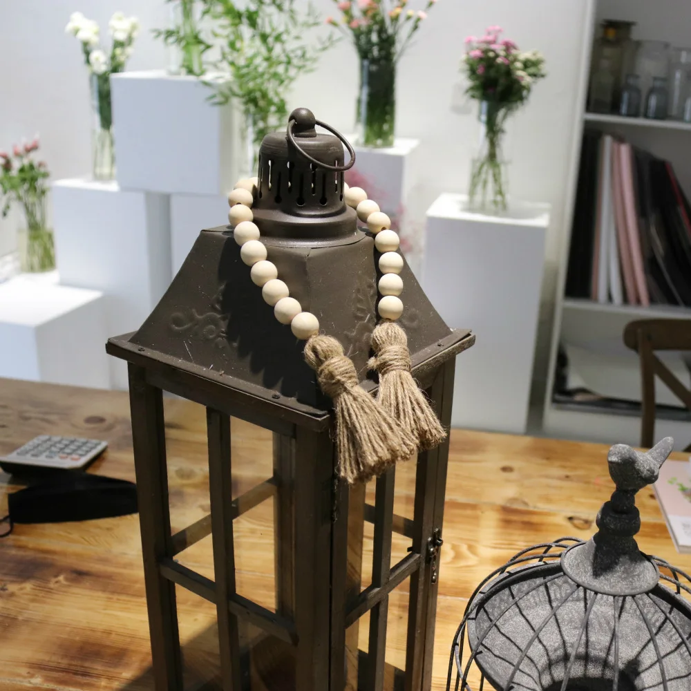 Vintage Wood Bead Garland Tassel Country Beads Wall Hanging Farmhouse Rustic Wooden Beads String with Country Jute Tassels