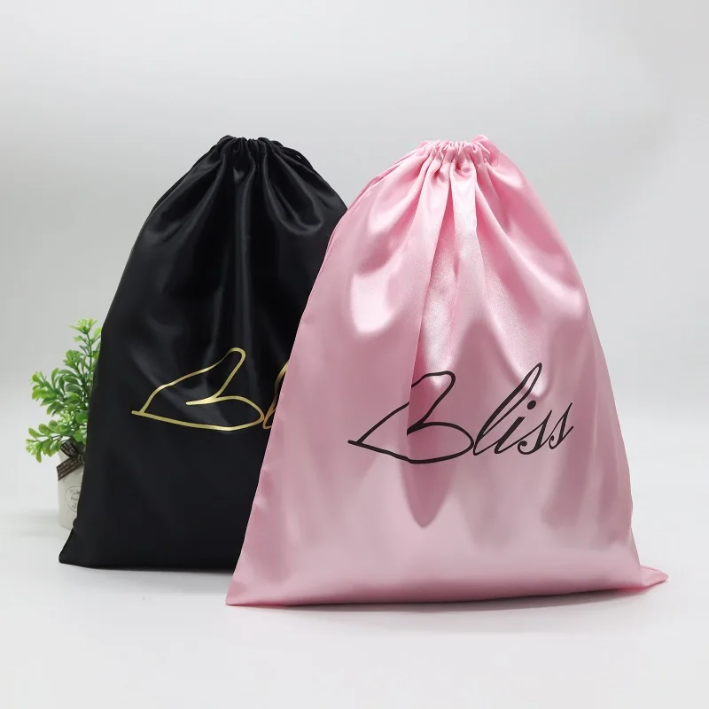 Pink Black Custom Logo Printed Satin Hair Extension Wig Drawstring Bag Jewelry Dust Packaging Pouch