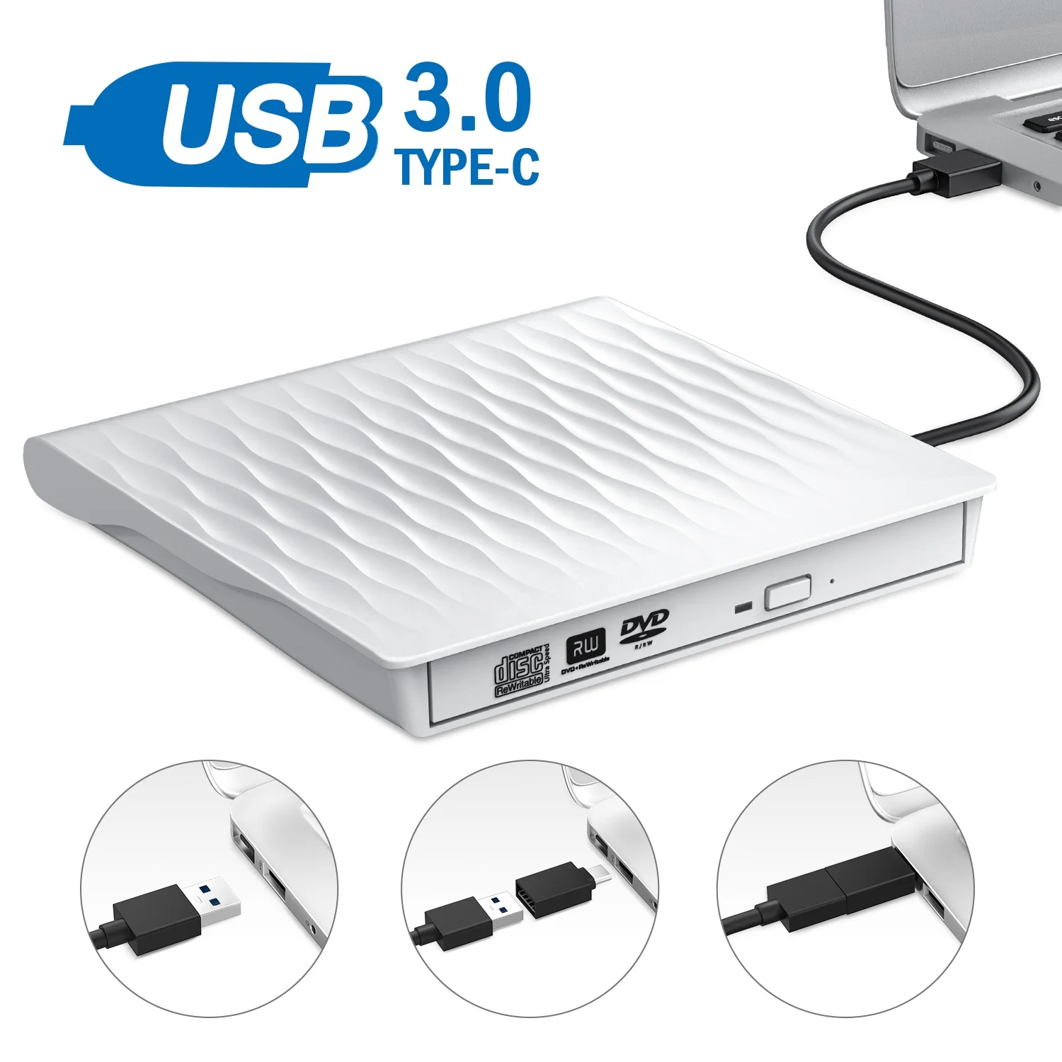  External DVD Drive USB 3.0 Portable CD/DVD +/-RW Slim ROM Rewriter Burner Laptop Desktop PC Optical 