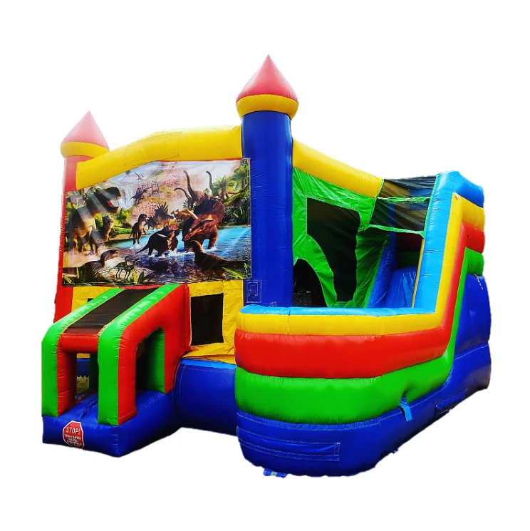 Commercial Jurassic Inflatable Dinosaurs Side Slide Combo Bouncer Slide Bounce House With Dry Wet Water Slide