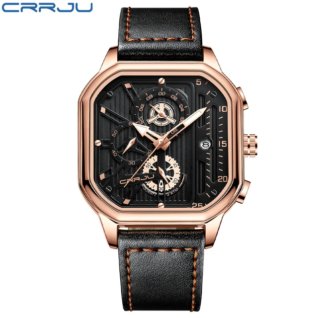 CRRJU Fashion Square Dial Leather Mens Sport Waterproof Chronograph Quartz Watch