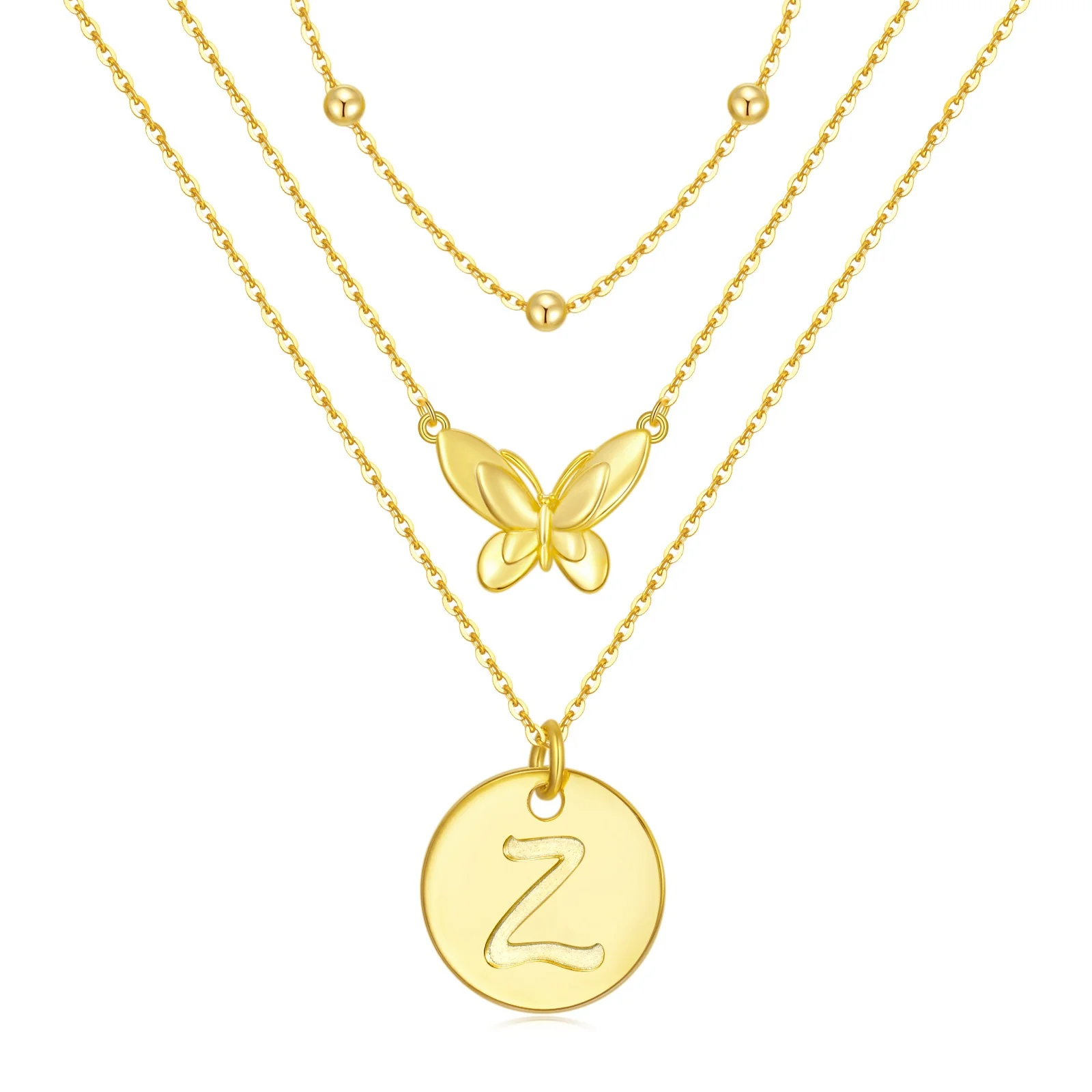 Round Alphabet Pendant 3 Lines Butterfly Necklace Initial 925 Silver 14k Gold Plated Letters A-Z Charm Necklaces Jewelry