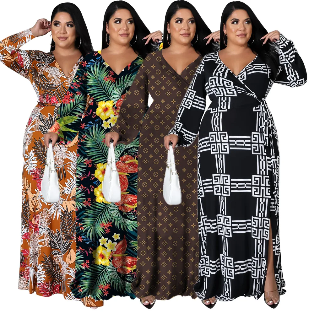 fall ladies plus size printed dress african slim waist long sleeve V-neck maxi women dress large winter floral big casual dress