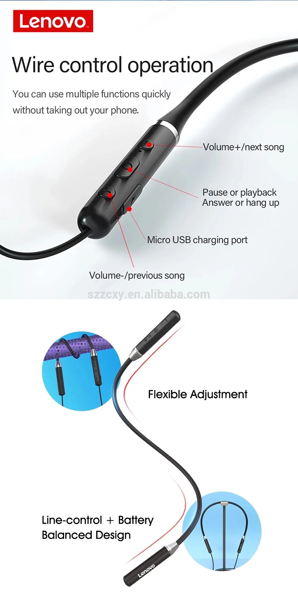 Lenovo Silicone Neckband HE06 wireless earphones with magnetic  function and memory material