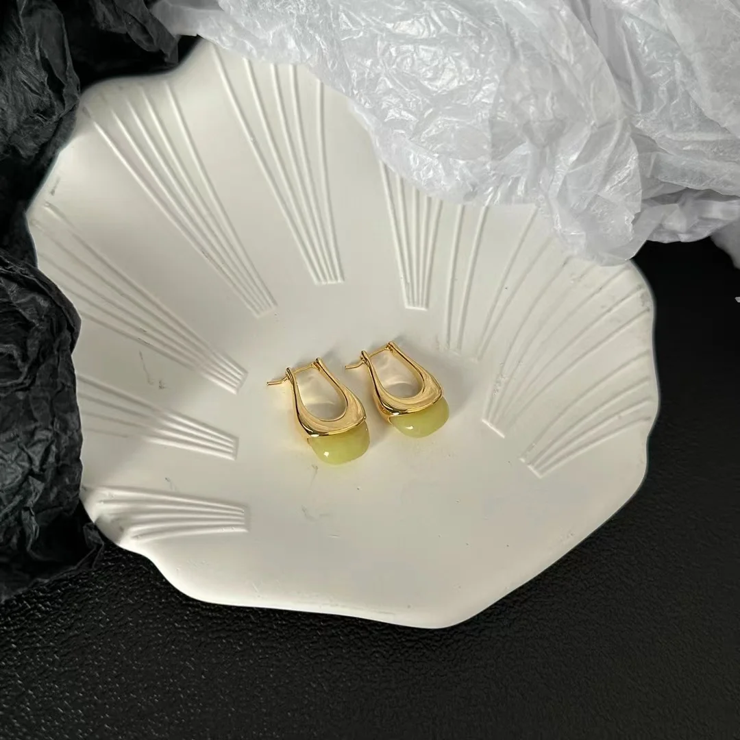 Fashion Top Quality Real Gold Plating Opal Jade Stone U Shape Hoop Earrings