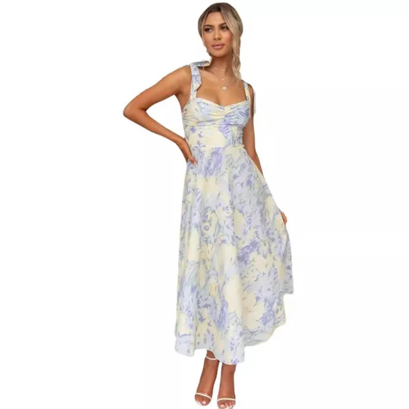 New arrival elegant casual slip dress back out maxi pretty floral dresses women flower clothing